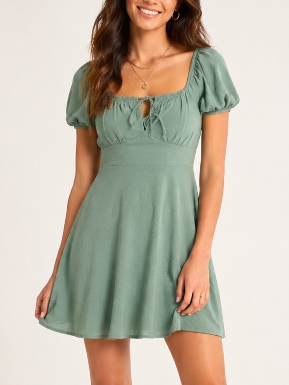 Inspired Hearts Sage Green Puff Sleeve Babydoll Mini Dress Size M